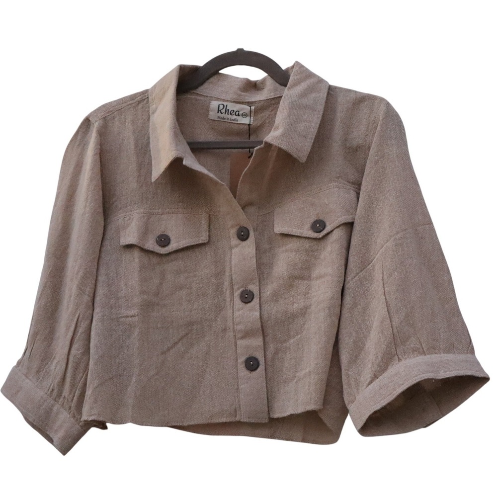 Rhea Cropped Linen Blend Button Down Shirt Tan Neutral Boxy Utility Top L/XL